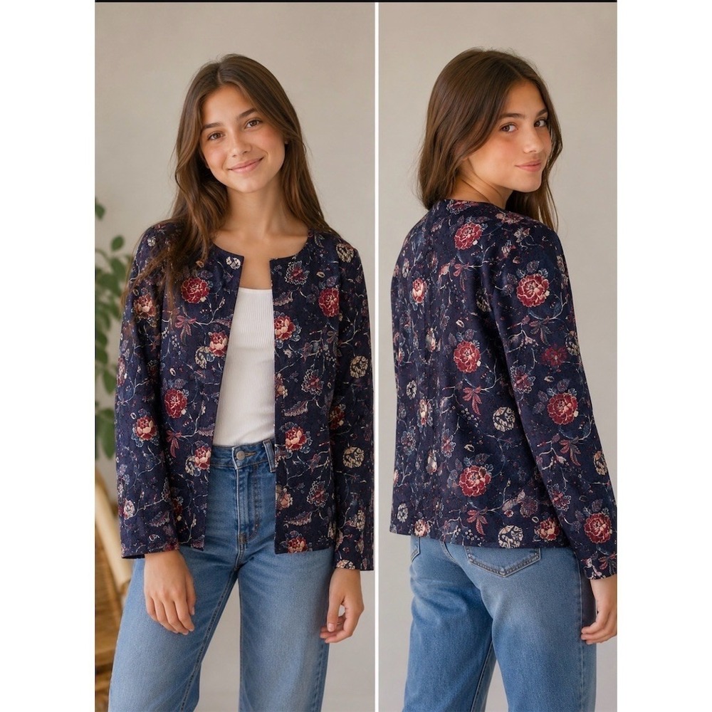 Zara Kids Jacket Womens Size 14 Navy Blue Floral Quilted Open Front 1